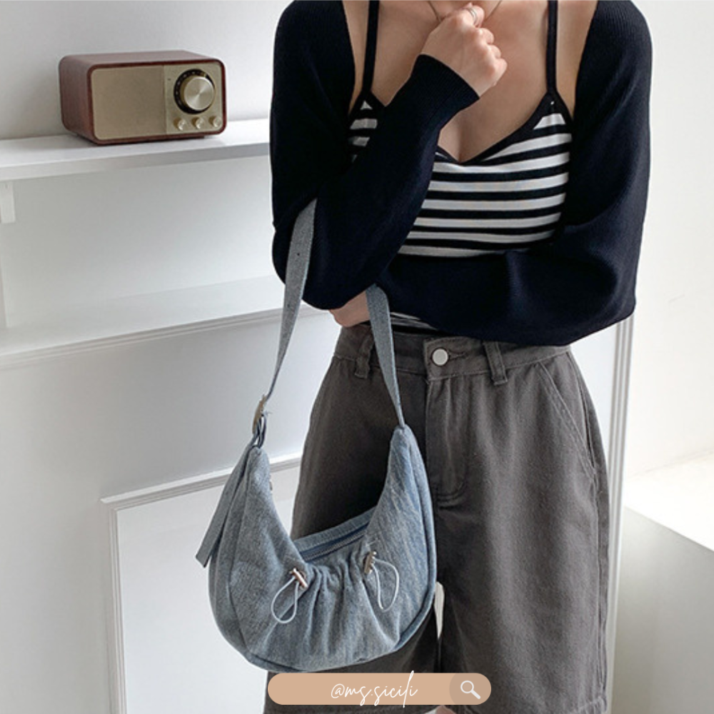 丹寧牛仔/金屬感PU單肩抽繩褶皺單肩包｜Ms.Sicili-細節圖5