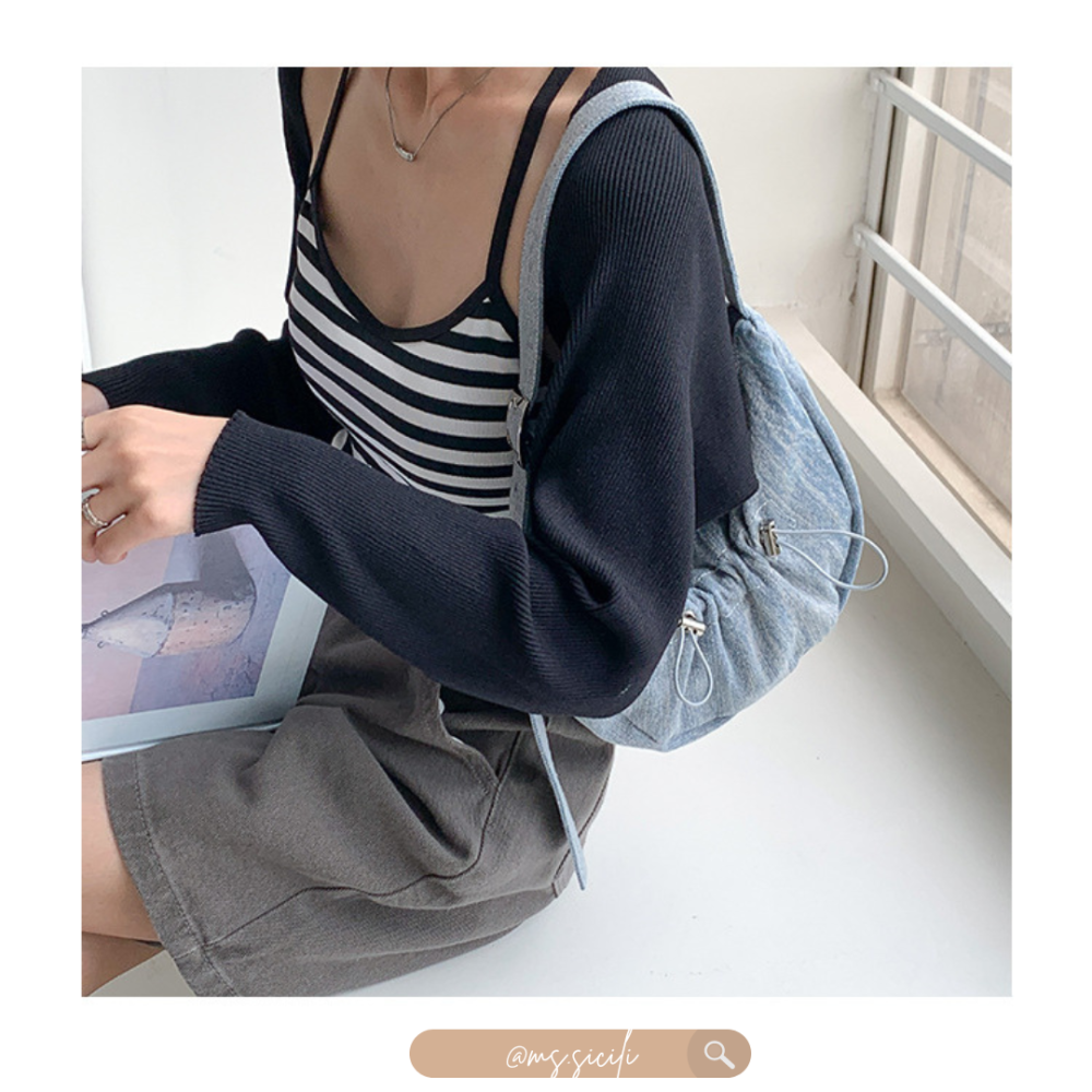 丹寧牛仔/金屬感PU單肩抽繩褶皺單肩包｜Ms.Sicili-細節圖6