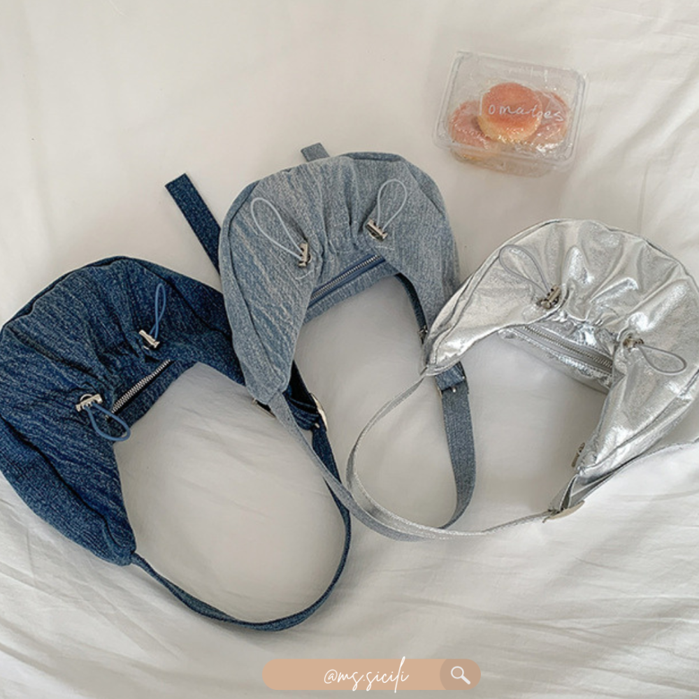 丹寧牛仔/金屬感PU單肩抽繩褶皺單肩包｜Ms.Sicili-細節圖7