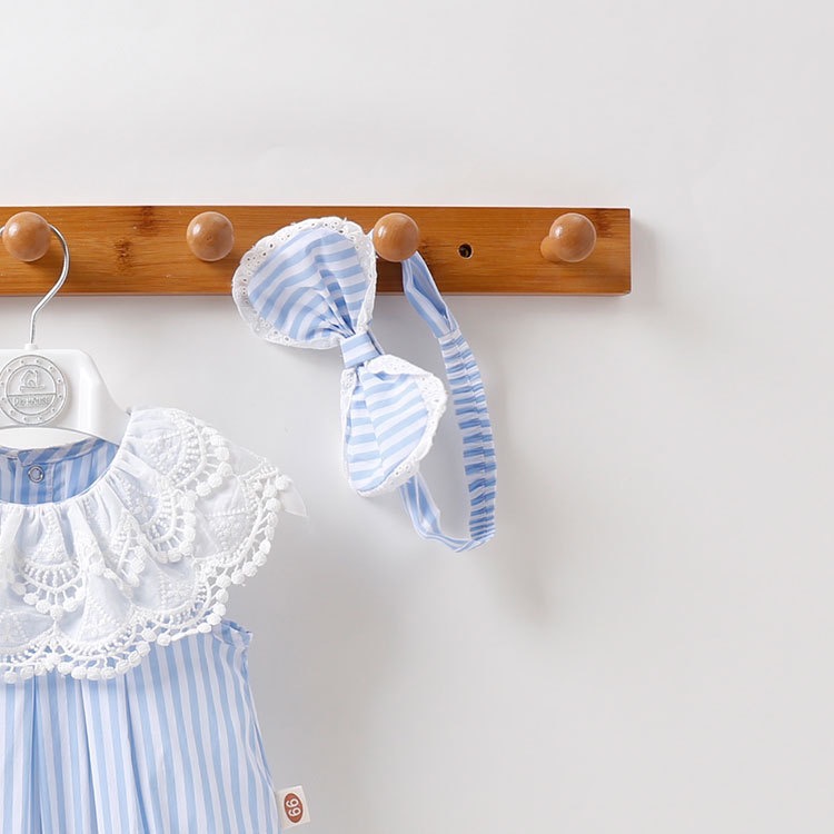 韓版嬰兒爬服2022款夏新款嬰兒連體衣寶寶包屁衣條紋蕾絲短袖哈衣-細節圖2