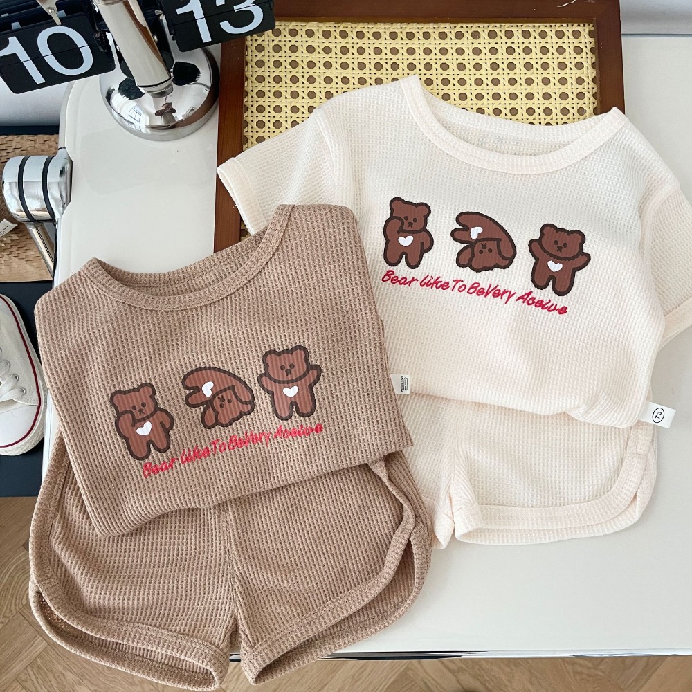 儿童运动套装 0-3岁夏季男童华夫格小熊T恤纯色短裤两件套潮-細節圖2