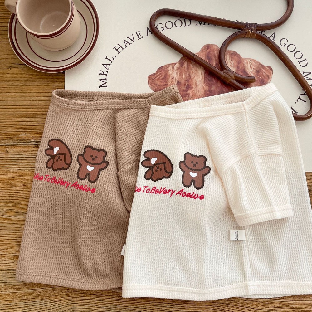 儿童运动套装 0-3岁夏季男童华夫格小熊T恤纯色短裤两件套潮-細節圖3