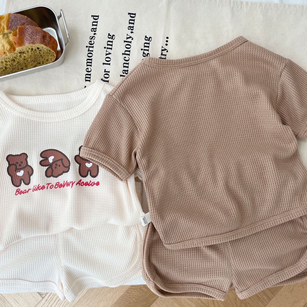 儿童运动套装 0-3岁夏季男童华夫格小熊T恤纯色短裤两件套潮-細節圖5