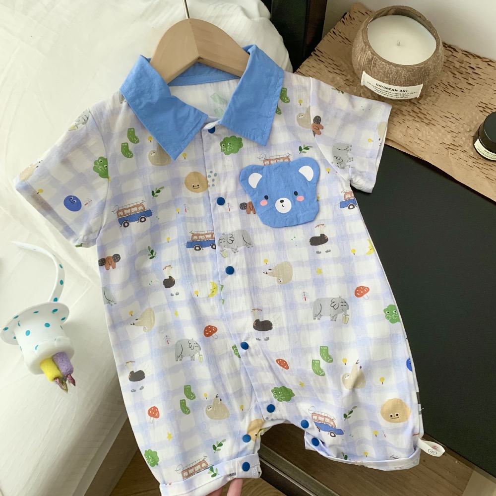 0-2歲夏男寶寶可愛小熊格子爬服嬰兒夏裝-細節圖2