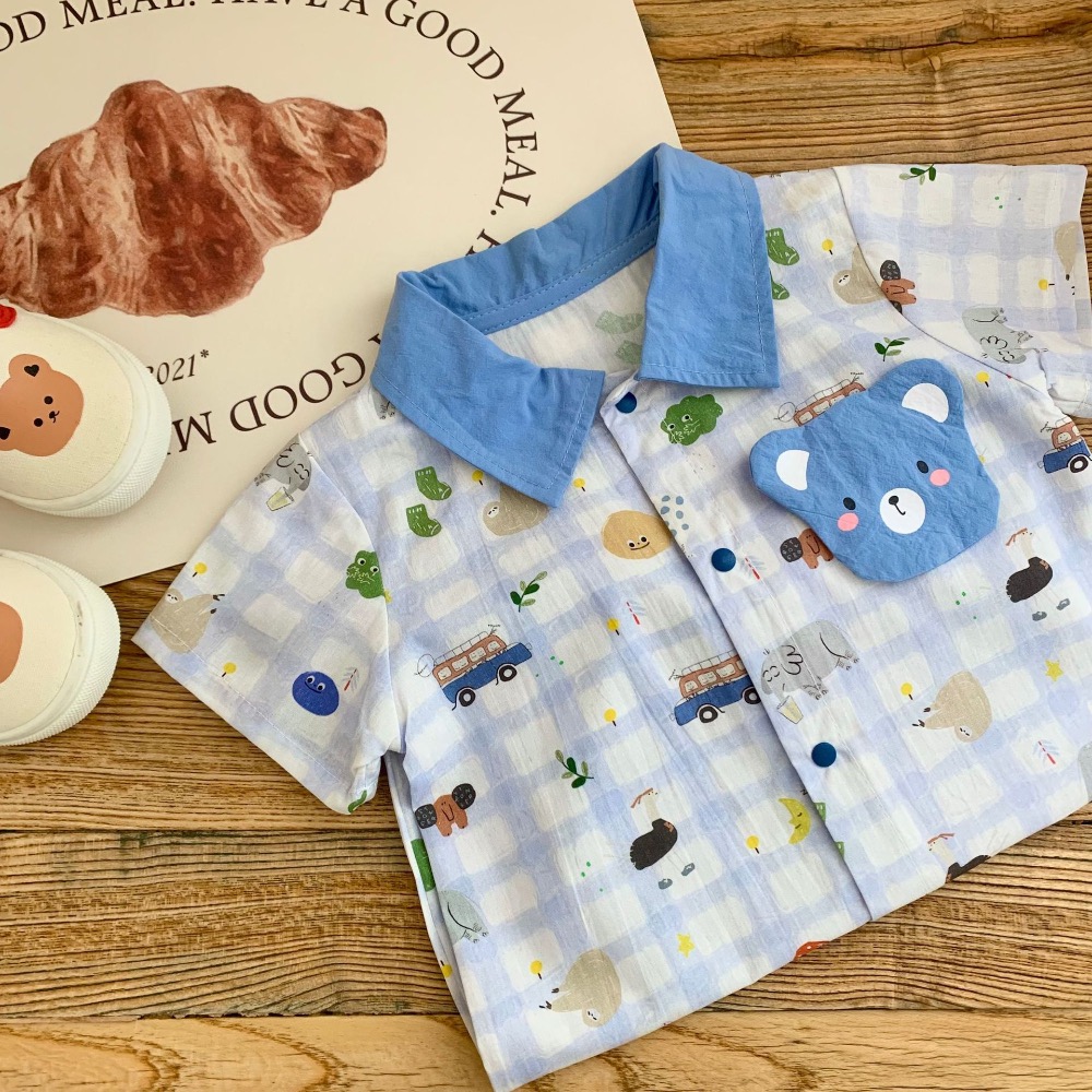 0-2歲夏男寶寶可愛小熊格子爬服嬰兒夏裝-細節圖3