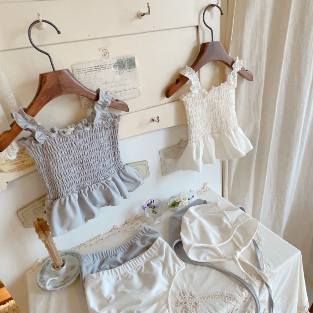 ins韓版女童寶寶吊帶純色比基尼泳衣分體泳衣三件套時尚泳衣裙-細節圖3