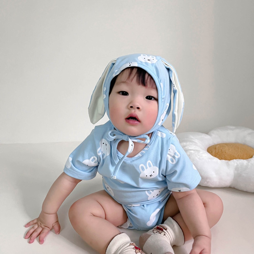 2023夏季新款ins韩版儿童连体衣小兔子满印婴儿包屁衣宝宝哈衣套装-細節圖3
