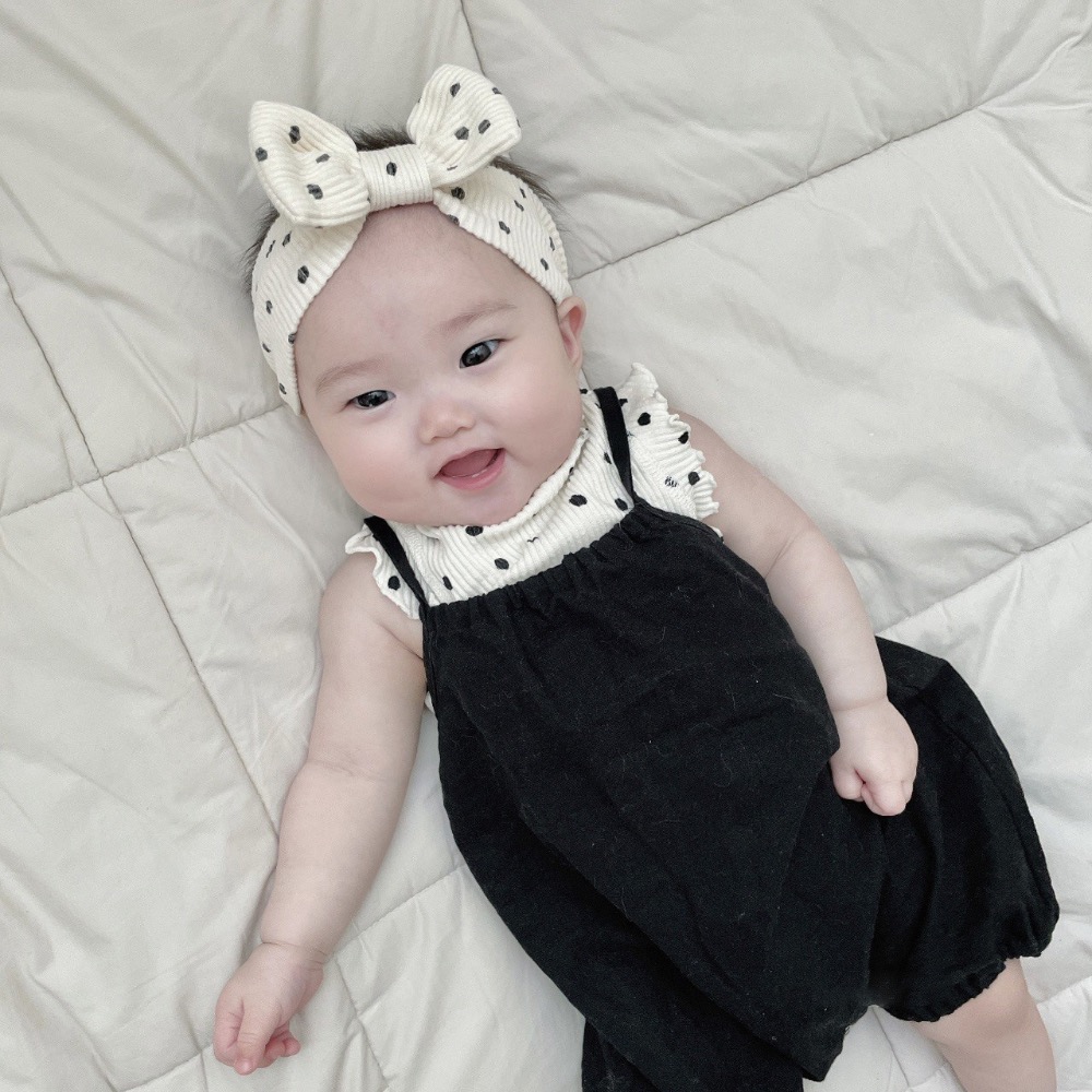 韓版夏季薄款嬰童波點套裝蝴蝶結髮帶女童背心吊帶褲寶寶洋氣夏裝-細節圖2