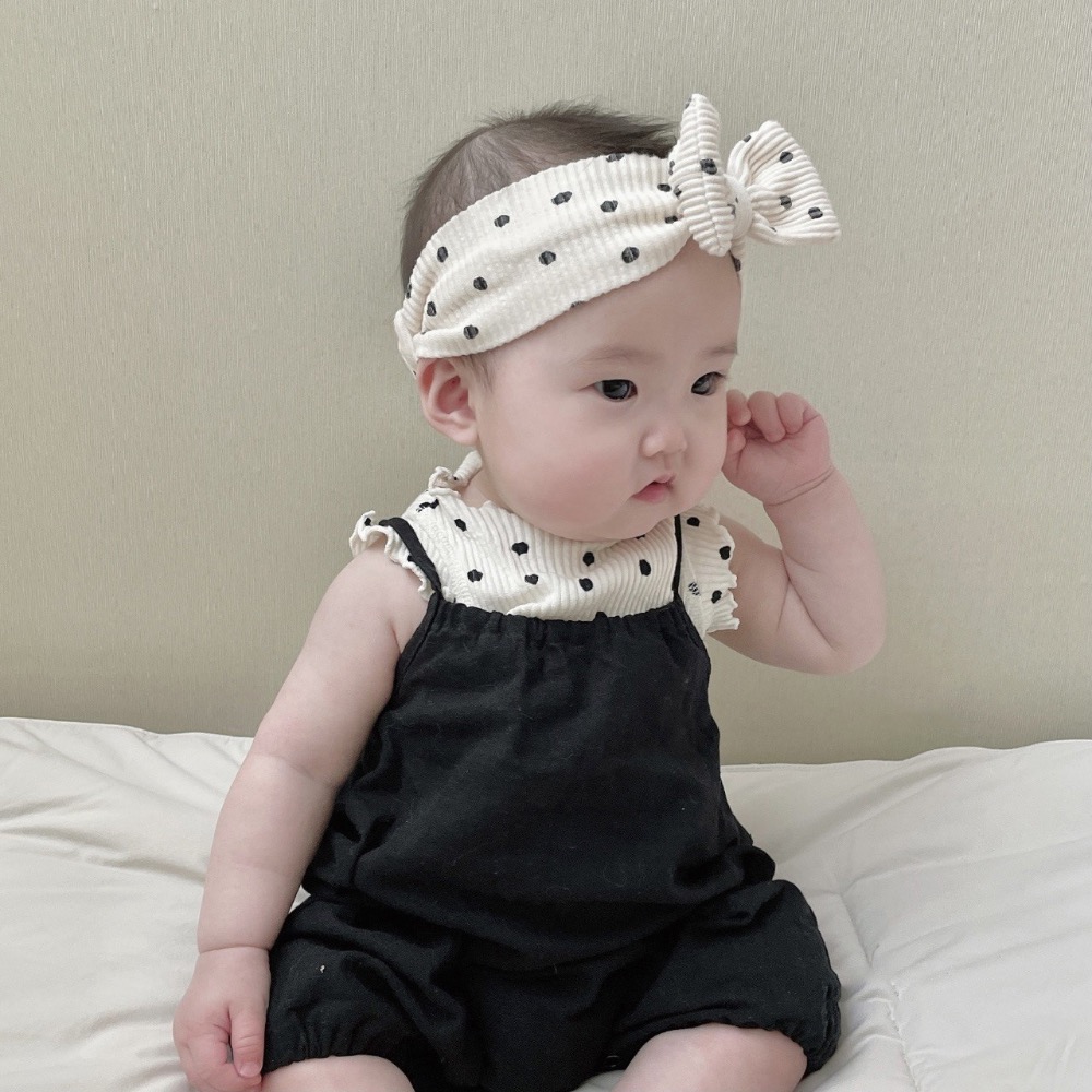 韓版夏季薄款嬰童波點套裝蝴蝶結髮帶女童背心吊帶褲寶寶洋氣夏裝-細節圖3