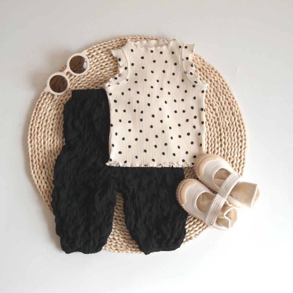 韓版夏季薄款嬰童波點套裝蝴蝶結髮帶女童背心吊帶褲寶寶洋氣夏裝-細節圖4