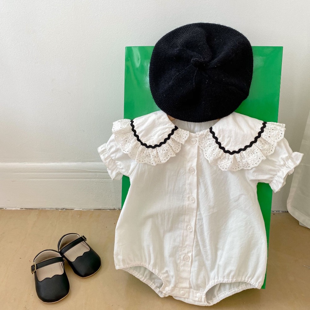 2023嬰兒衣服夏季新款簡約娃娃翻領三角哈衣短袖包屁衣女寶寶爬服-細節圖5