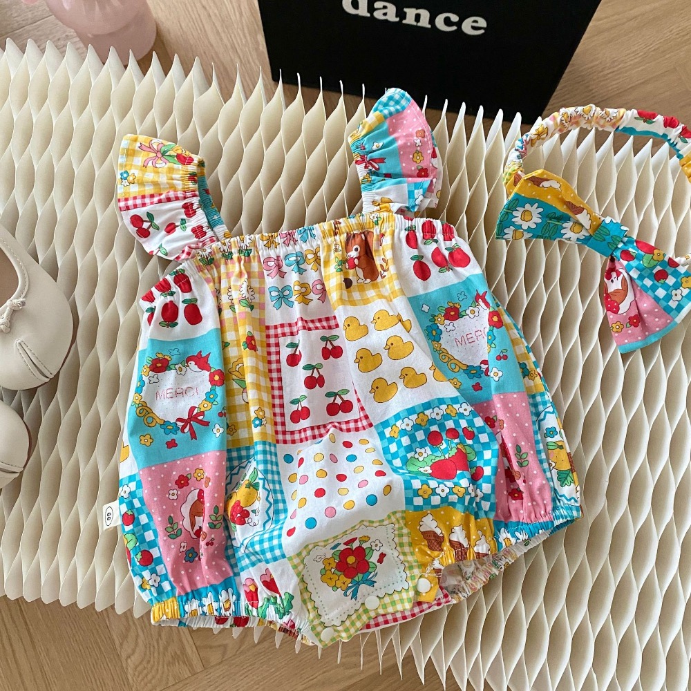 送發帶塗鴉包屁衣0-2歲夏季韓國童裝男女寶時尚飛袖連體衣-細節圖2