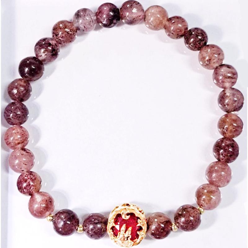 ✵𝖍𝖆𝖓𝖉𝖒𝖆𝖉𝖊✵ 設計款手鍊 草莓晶 手串半銀 圓珠 天然 現貨 孤品 造型 個性 兔子 桃花-細節圖2