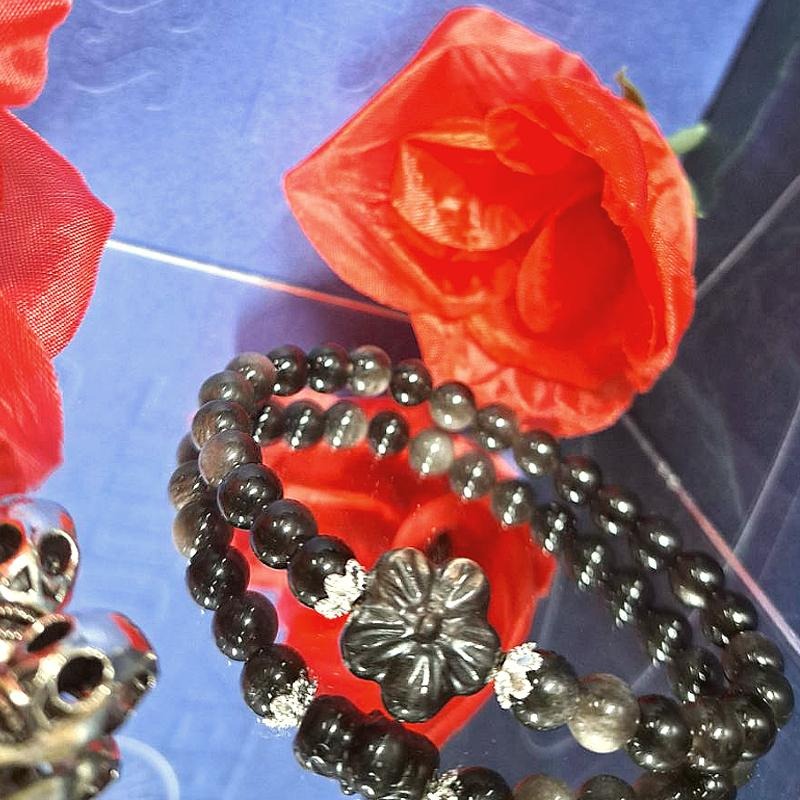 ✵𝖍𝖆𝖓𝖉𝖒𝖆𝖉𝖊✵ 黑耀石 銀耀石 設計款手鍊 手串 飾品 天然石 16圍 6mm 6咪-細節圖2