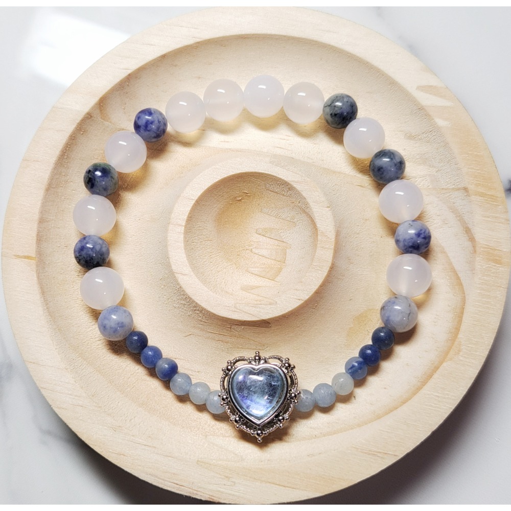 ✵𝖍𝖆𝖓𝖉𝖒𝖆𝖉𝖊✵ K2 藍點石 白瑪瑙 海藍寶 設計款手鍊 手串 天然石 16圍 8mm 8咪-細節圖2