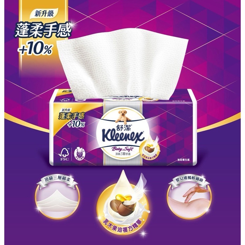Kleenex  舒潔 三層抽取式衛生紙 100抽*16入 頂級三層舒適 Baby Soft 3D雲朵壓紋-細節圖2