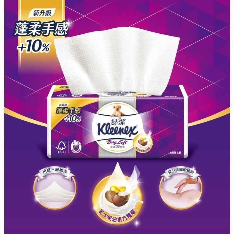 Kleenex  舒潔 三層抽取式衛生紙 100抽*16入 頂級三層舒適 Baby Soft 3D雲朵壓紋-細節圖2