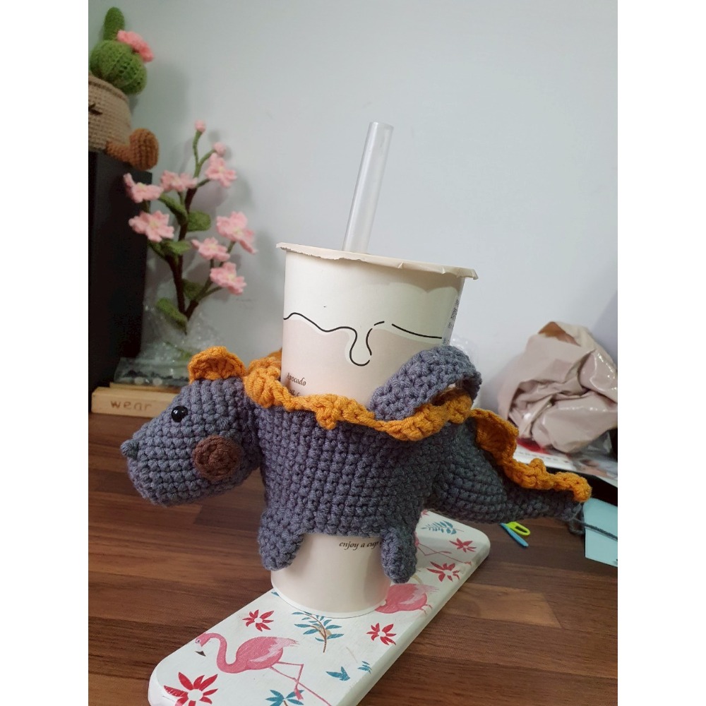 立體恐龍杯袋（帶）恐龍吊飾 手工毛線鈎織-細節圖2