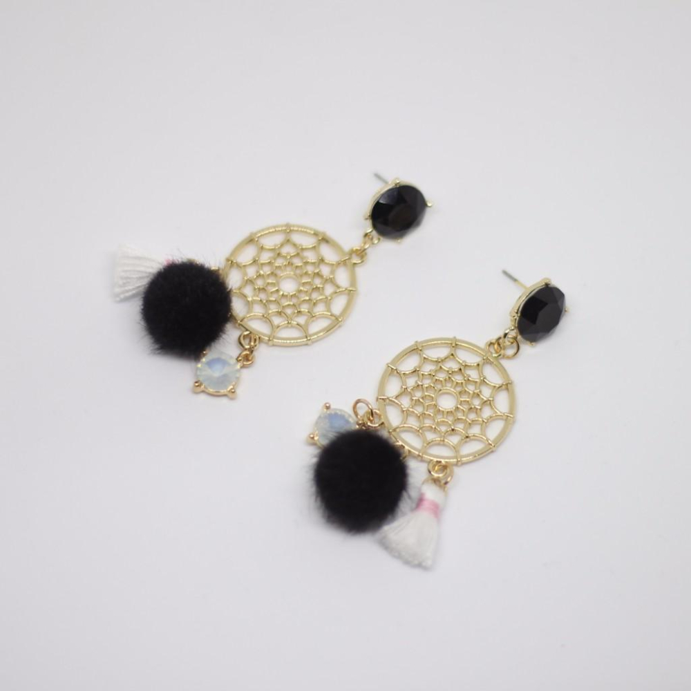 韓國 捕夢網造型 毛球 垂墜式 耳針 耳環-細節圖2