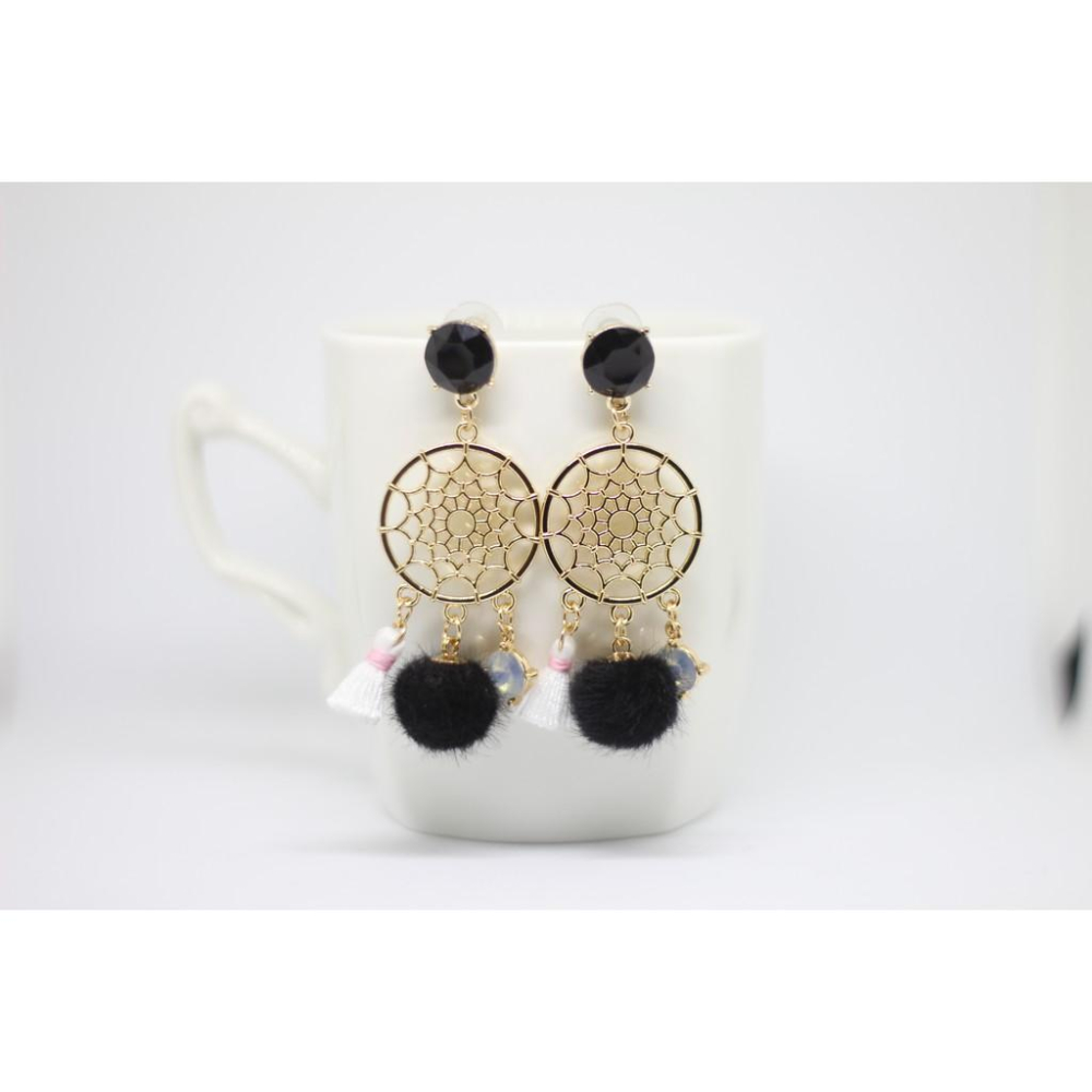 韓國 捕夢網造型 毛球 垂墜式 耳針 耳環-細節圖3