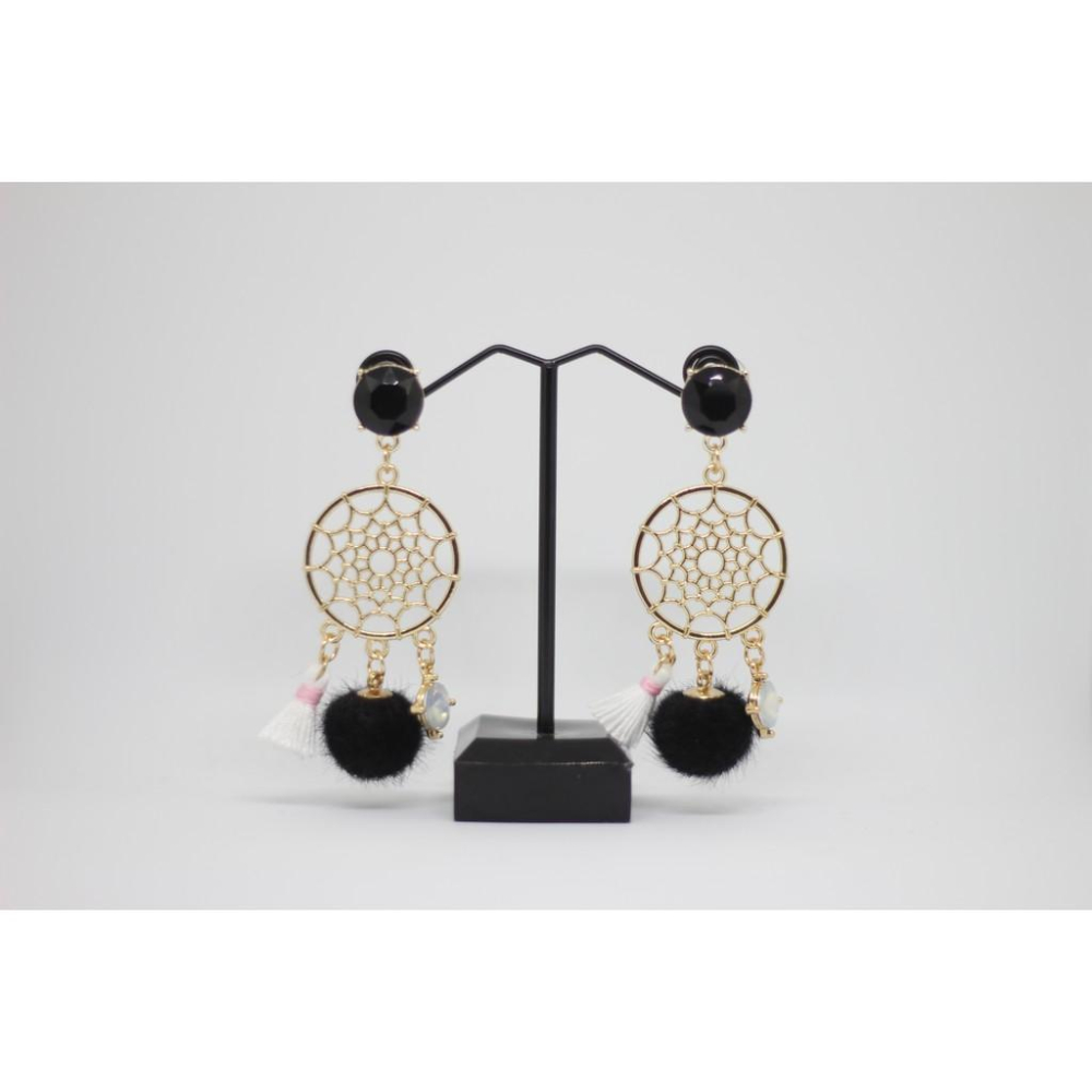 韓國 捕夢網造型 毛球 垂墜式 耳針 耳環-細節圖4