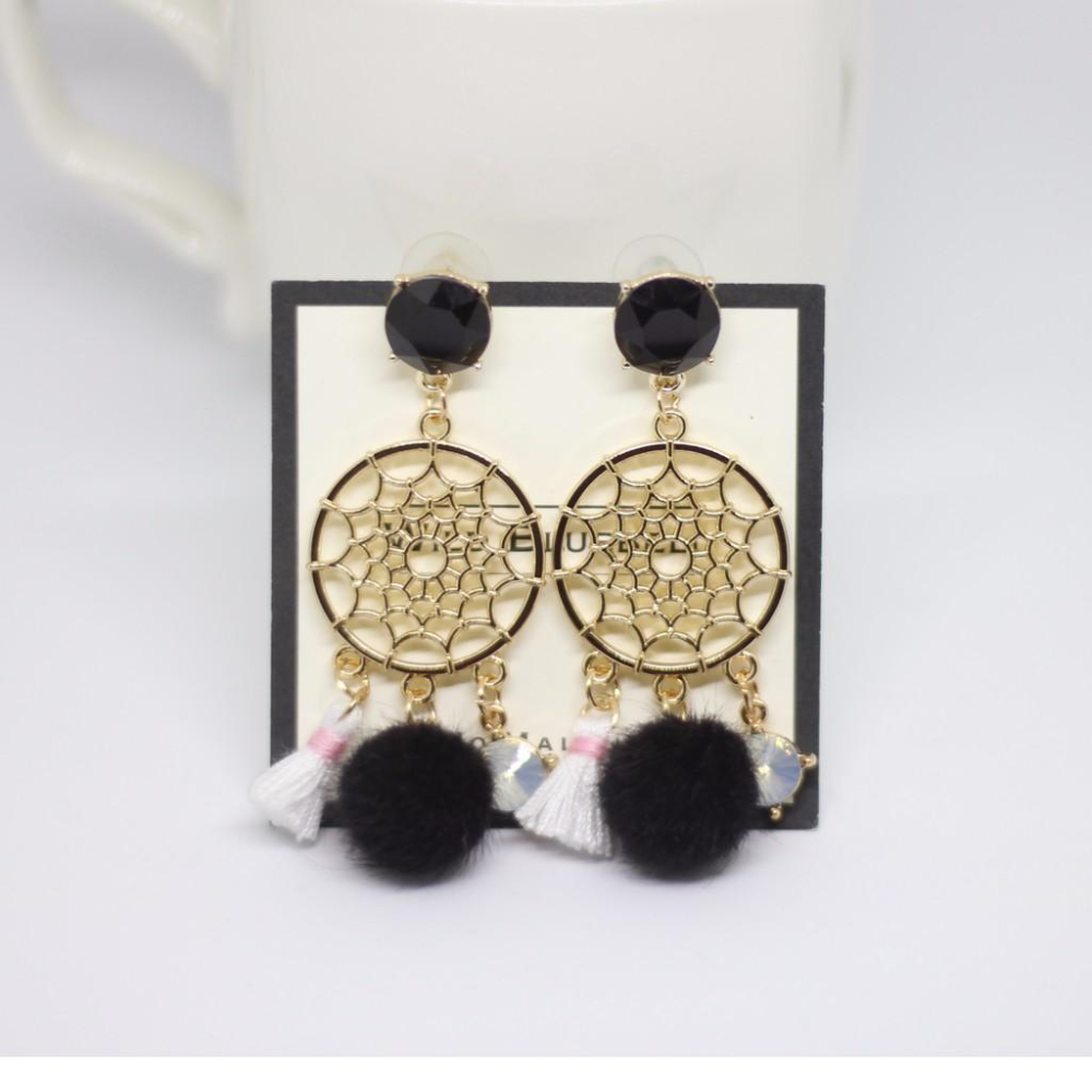 韓國 捕夢網造型 毛球 垂墜式 耳針 耳環-細節圖5