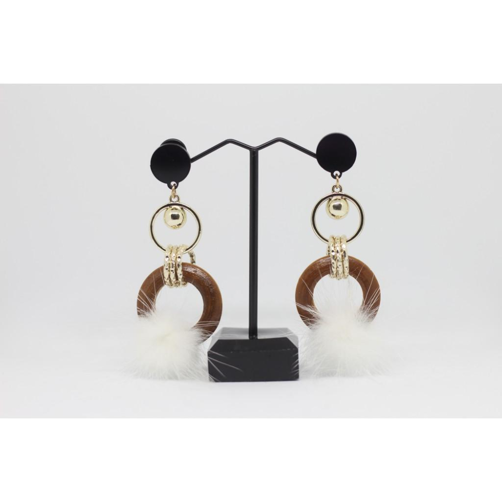 韓國 秋冬新款 木質元素 毛球 垂墜式 耳針 耳環-細節圖4