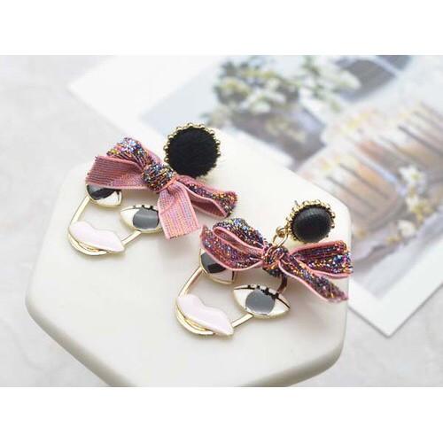 韓國 秋冬新款 人臉造型 蝴蝶結 垂墜式 耳針 耳環-細節圖2