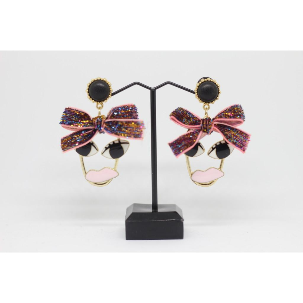 韓國 秋冬新款 人臉造型 蝴蝶結 垂墜式 耳針 耳環-細節圖4