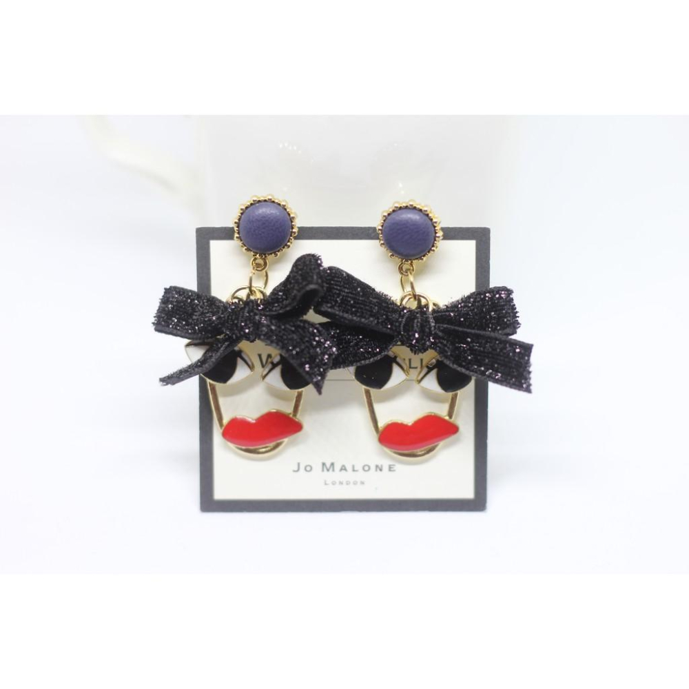 韓國 秋冬新款 人臉造型 蝴蝶結 垂墜式 耳針 耳環-細節圖7