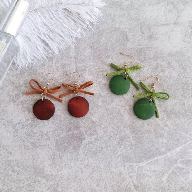 秋冬新款 可愛 蝴蝶結 木頭元素 垂墜式 耳勾 耳環(可改夾式)-細節圖4