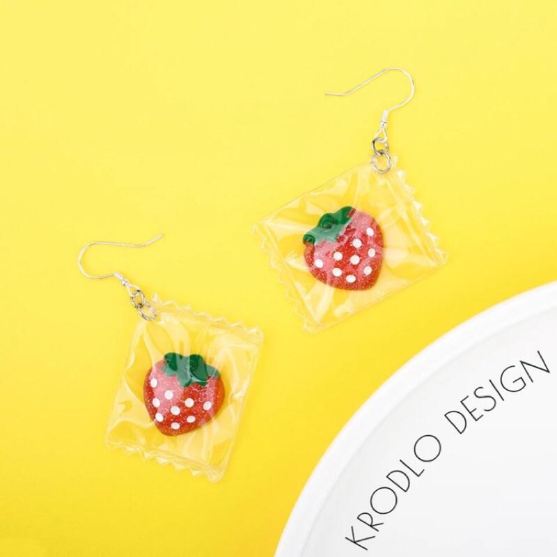特價 手作 糖果袋 草莓 蛋 水果 造形 垂墜式 耳勾 耳環(可改夾式)-細節圖2