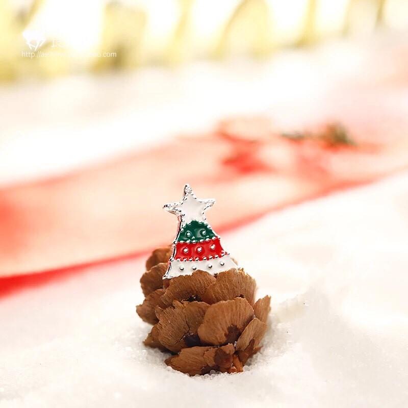 韓 可愛 聖誕節 不對稱 聖誕樹 雪花 造型 耳針 耳環(可改耳夾)-細節圖5