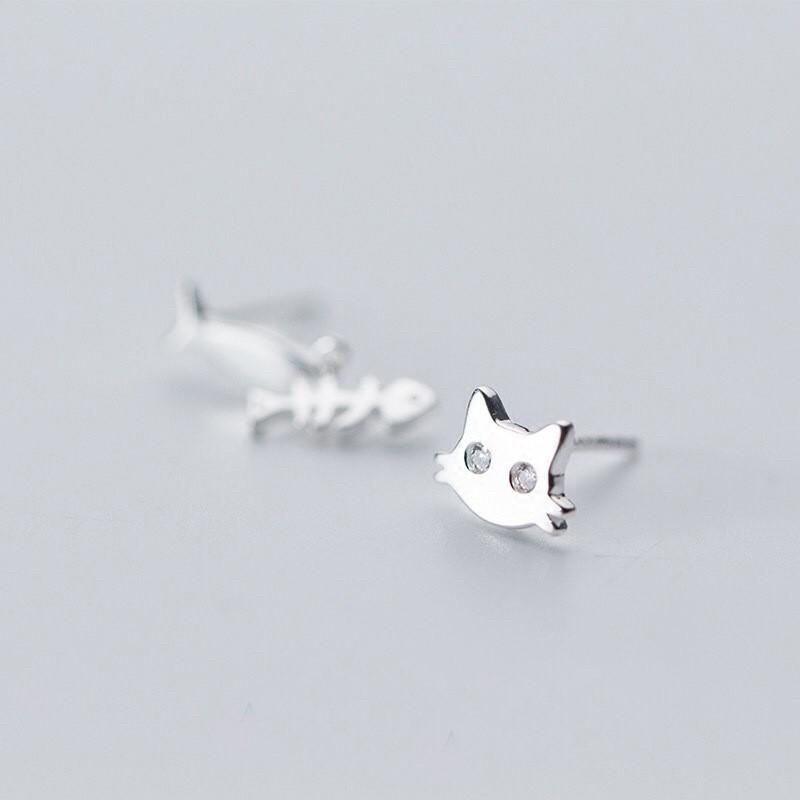 韓 氣質 輕巧 不對稱 貓咪 魚骨頭 魚 造型 S925抗敏感 耳針 耳環(可改耳夾)-細節圖3