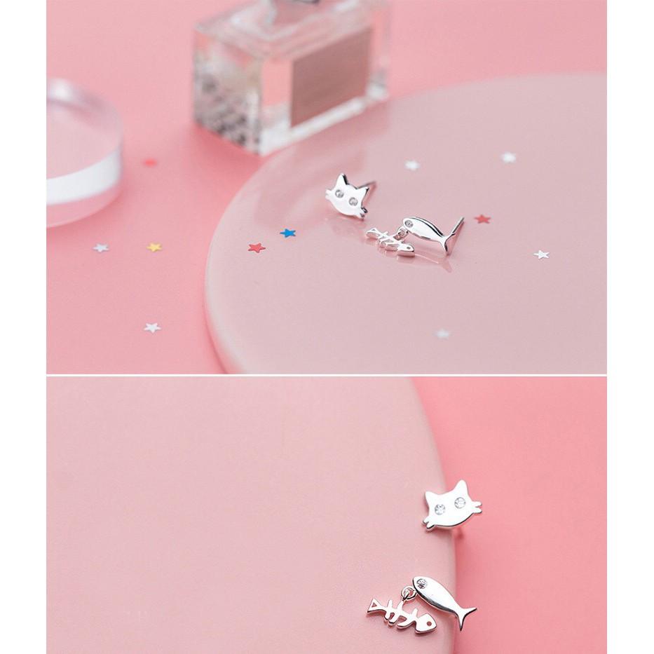 韓 氣質 輕巧 不對稱 貓咪 魚骨頭 魚 造型 S925抗敏感 耳針 耳環(可改耳夾)-細節圖5