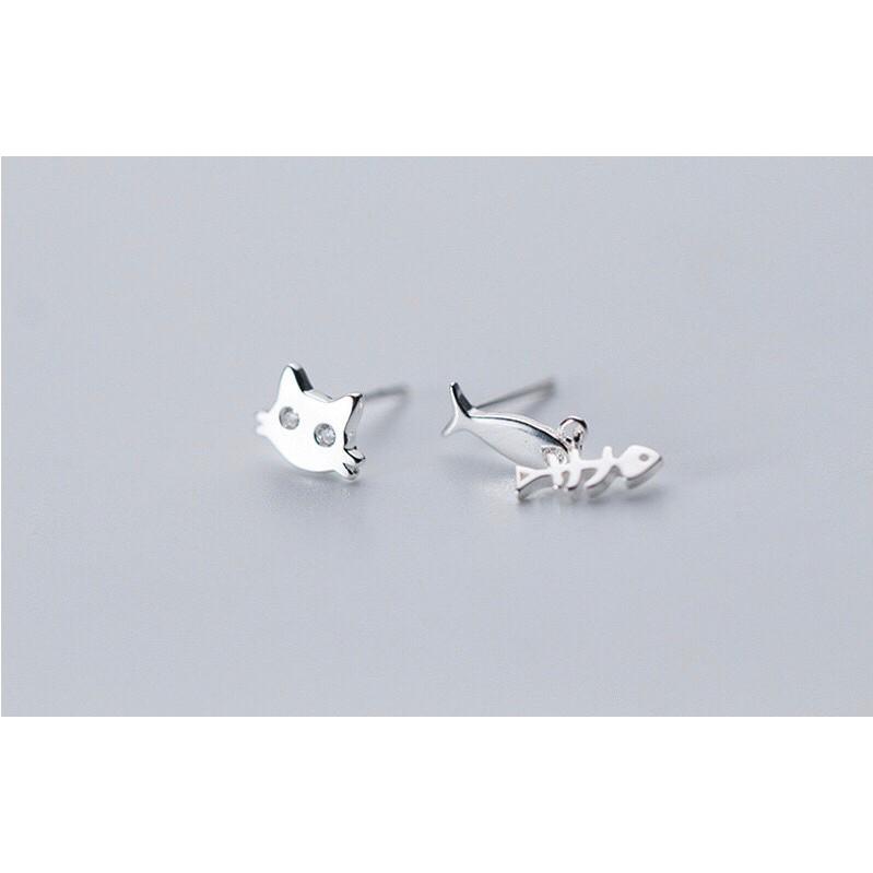 韓 氣質 輕巧 不對稱 貓咪 魚骨頭 魚 造型 S925抗敏感 耳針 耳環(可改耳夾)-細節圖6