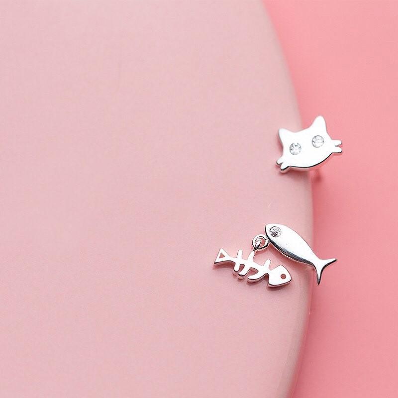 韓 氣質 輕巧 不對稱 貓咪 魚骨頭 魚 造型 S925抗敏感 耳針 耳環(可改耳夾)-細節圖8