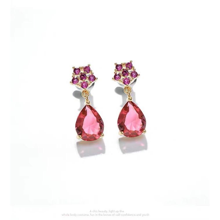 韓 氣質 莓紅 寶石 鋯石 水滴 造型 垂墜式 s925抗敏感 耳針 耳環(可改耳夾)-細節圖2