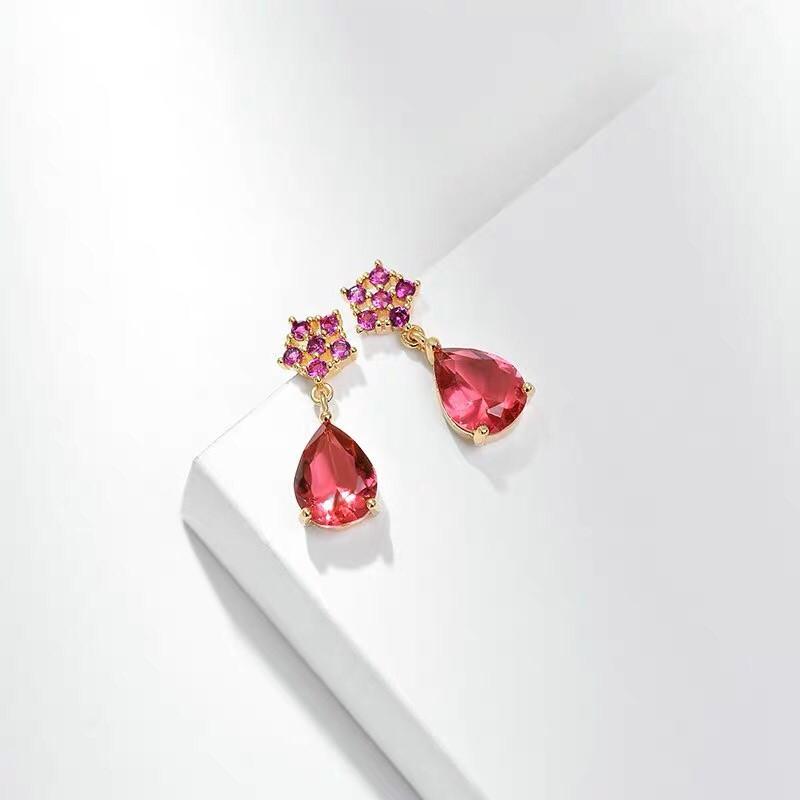 韓 氣質 莓紅 寶石 鋯石 水滴 造型 垂墜式 s925抗敏感 耳針 耳環(可改耳夾)-細節圖3