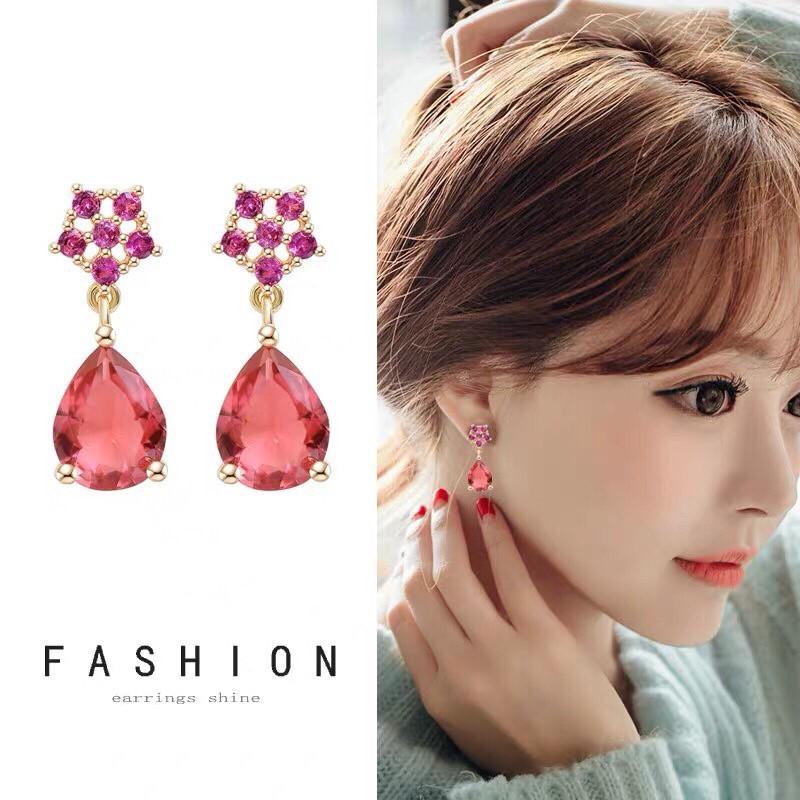 韓 氣質 莓紅 寶石 鋯石 水滴 造型 垂墜式 s925抗敏感 耳針 耳環(可改耳夾)-細節圖4