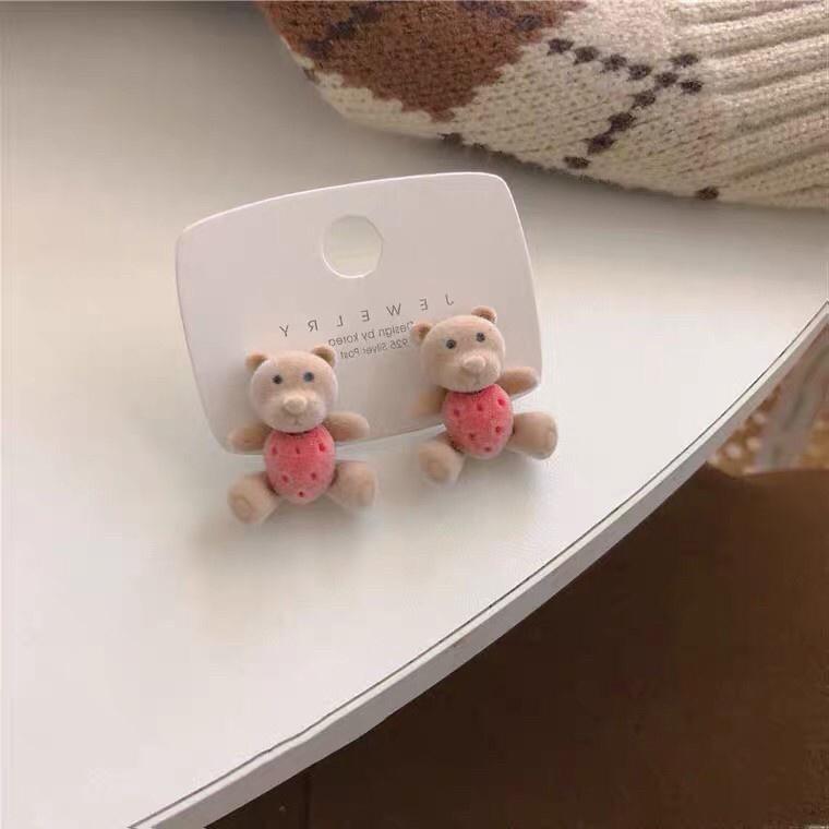 韓 可愛 草莓 小熊 造型 s925抗敏感 耳針 耳針 耳環(可改耳夾)-細節圖2