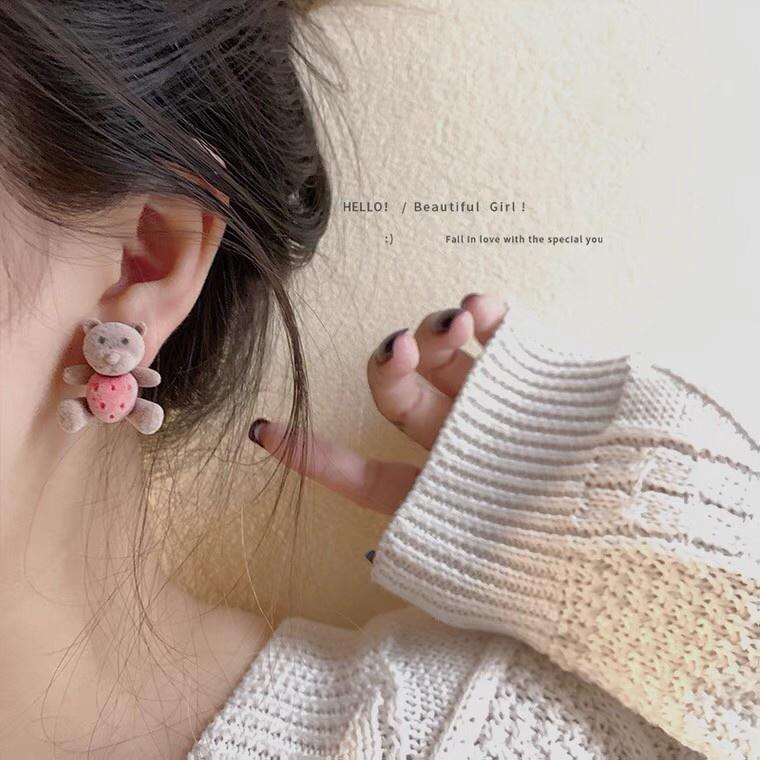 韓 可愛 草莓 小熊 造型 s925抗敏感 耳針 耳針 耳環(可改耳夾)-細節圖3