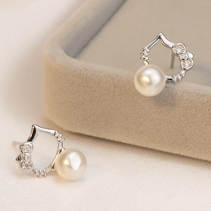 韓 氣質 輕巧 貓咪 kitty 造型 珍珠 s925抗敏感 耳針 耳環(可改耳夾)-細節圖3