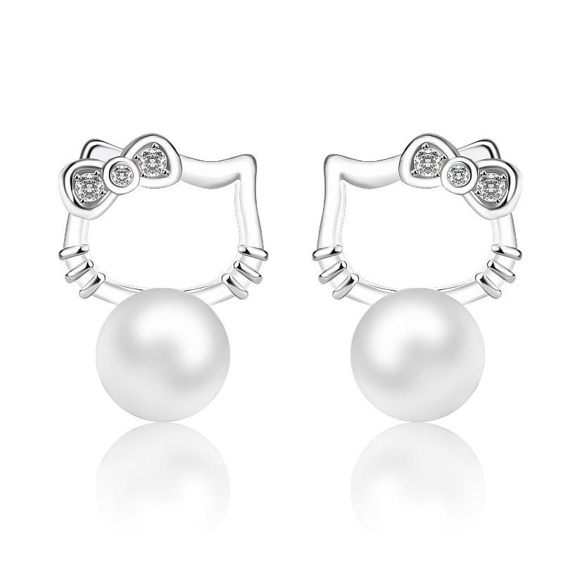 韓 氣質 輕巧 貓咪 kitty 造型 珍珠 s925抗敏感 耳針 耳環(可改耳夾)-細節圖5