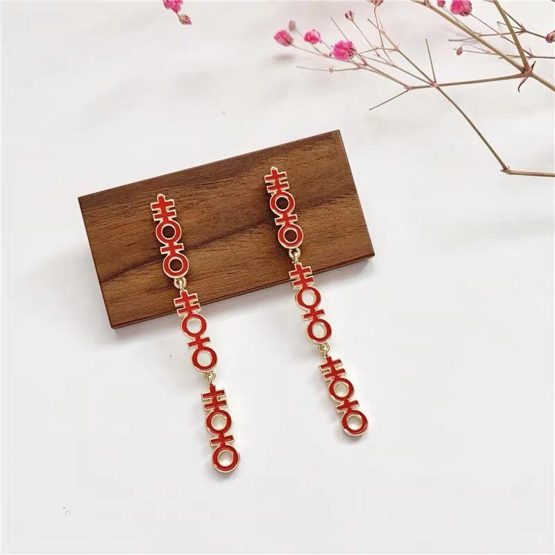 復古 中國風 輕巧 紅色 囍 中文 國字 s925抗敏感 垂墜式 耳針 耳環(可改耳夾)-細節圖2