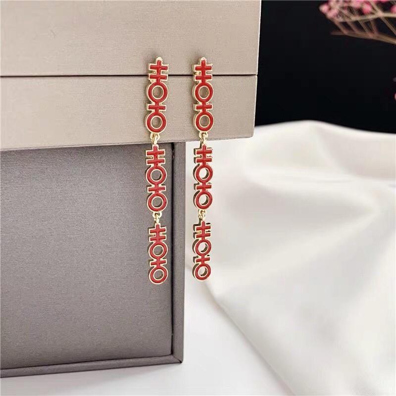復古 中國風 輕巧 紅色 囍 中文 國字 s925抗敏感 垂墜式 耳針 耳環(可改耳夾)-細節圖4