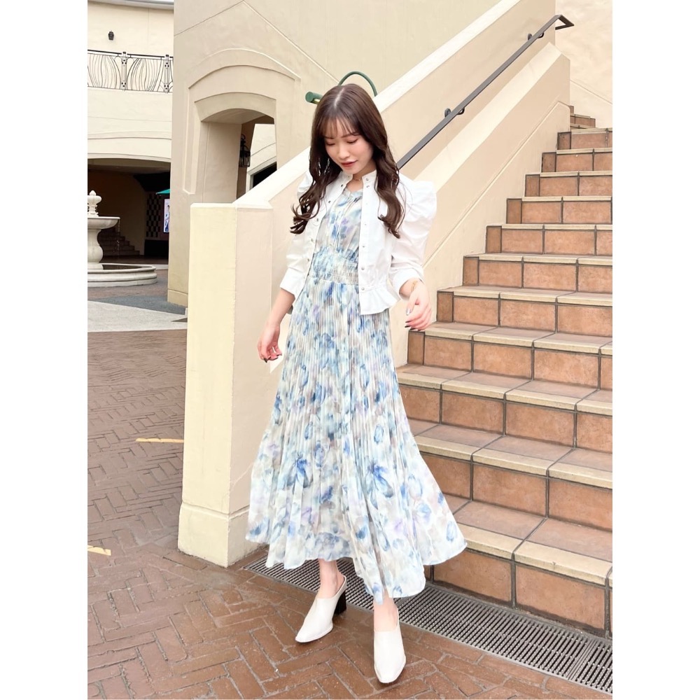 Cocodeal 水彩印花無袖百褶大裙襬無袖洋裝 粉藍1號-細節圖2