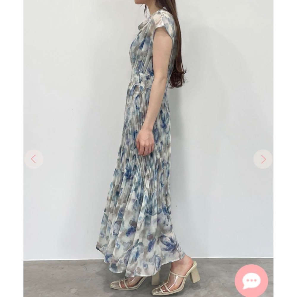 Cocodeal 水彩印花無袖百褶大裙襬無袖洋裝 粉藍1號-細節圖8