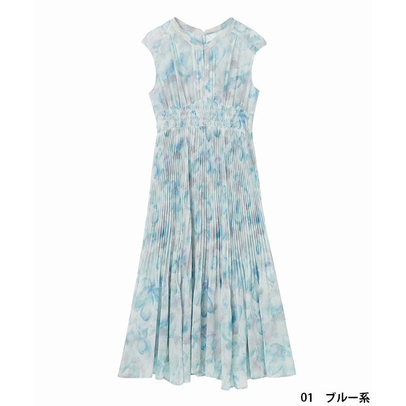 Cocodeal 水彩印花無袖百褶大裙襬無袖洋裝 粉藍1號-細節圖9