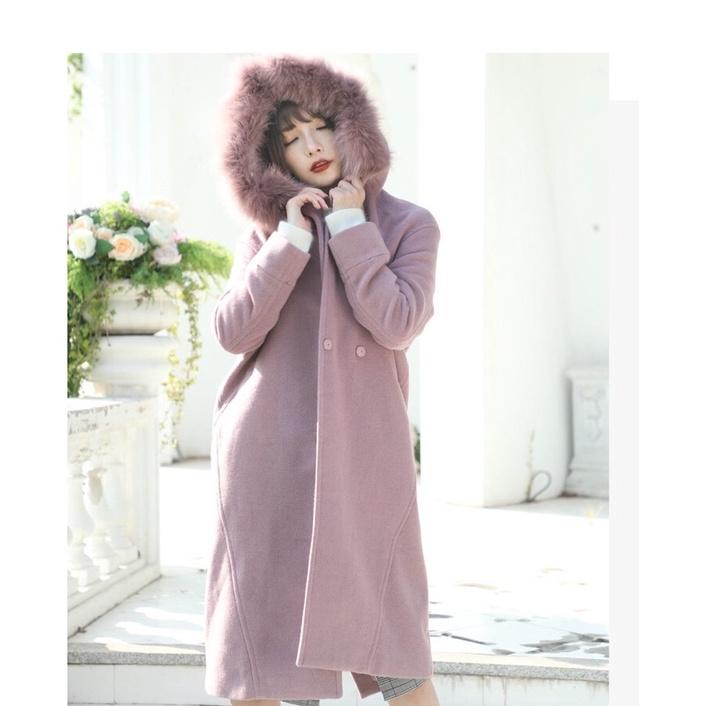 Cocodeal 千金風連帽毛毛袖直筒50%羊毛大衣 藕紫1號-細節圖3